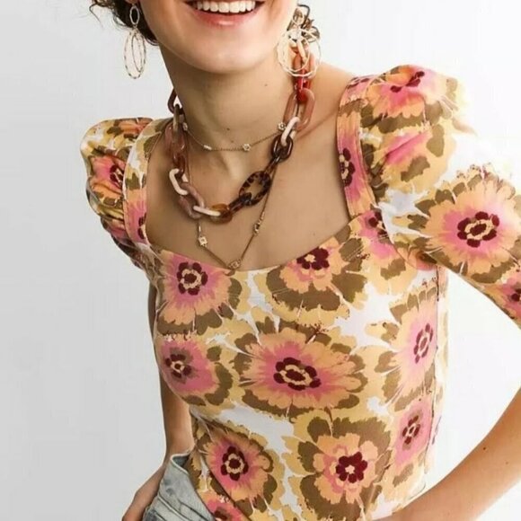 Free People Floral Puff Sleeve Crop Top L NEW Cottagecore Boho Peasant Milkmaid - Picture 3 of 10